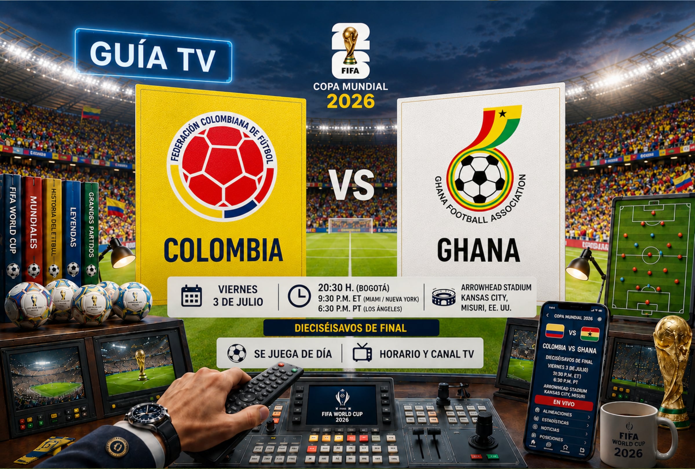 KANSAS CITY, MISURI (ESTADOS UNIDOS), 03/07/2026.- Lista de horarios y canales de televisión para ver el partido Colombia vs. Ghana EN VIVO, ONLINE y EN DIRECTO por los dieciseisavos de final del Mundial 2026 en el Arrowhead Stadium de Kansas City, Misuri. FOTO DE NOÉ YACTAYO