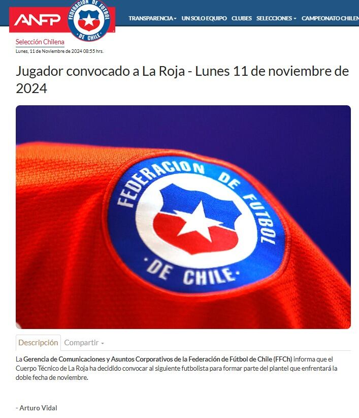 ANFP anunció convocatoria de Arturo Vidal: (Foto: Captura).