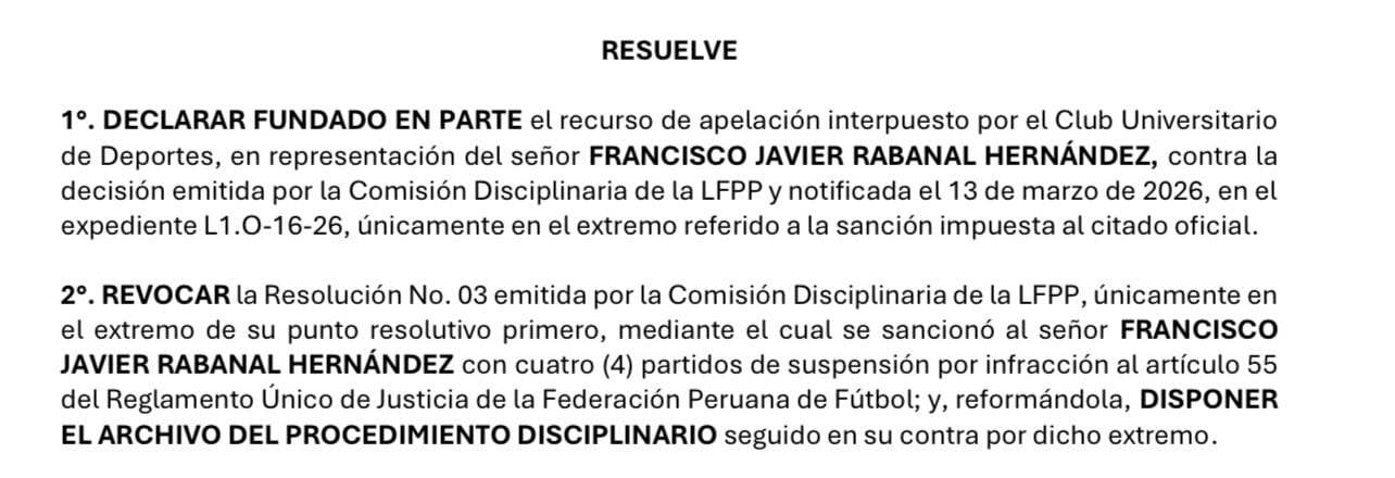 El fallo de la Comisión de Apelaciones de la LFPP. (Imagen: Comisión de Apelaciones de la LFPP)