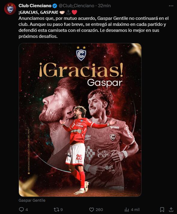 Cienciano se despide de Gaspar Gentile | Foto: X de Cienciano