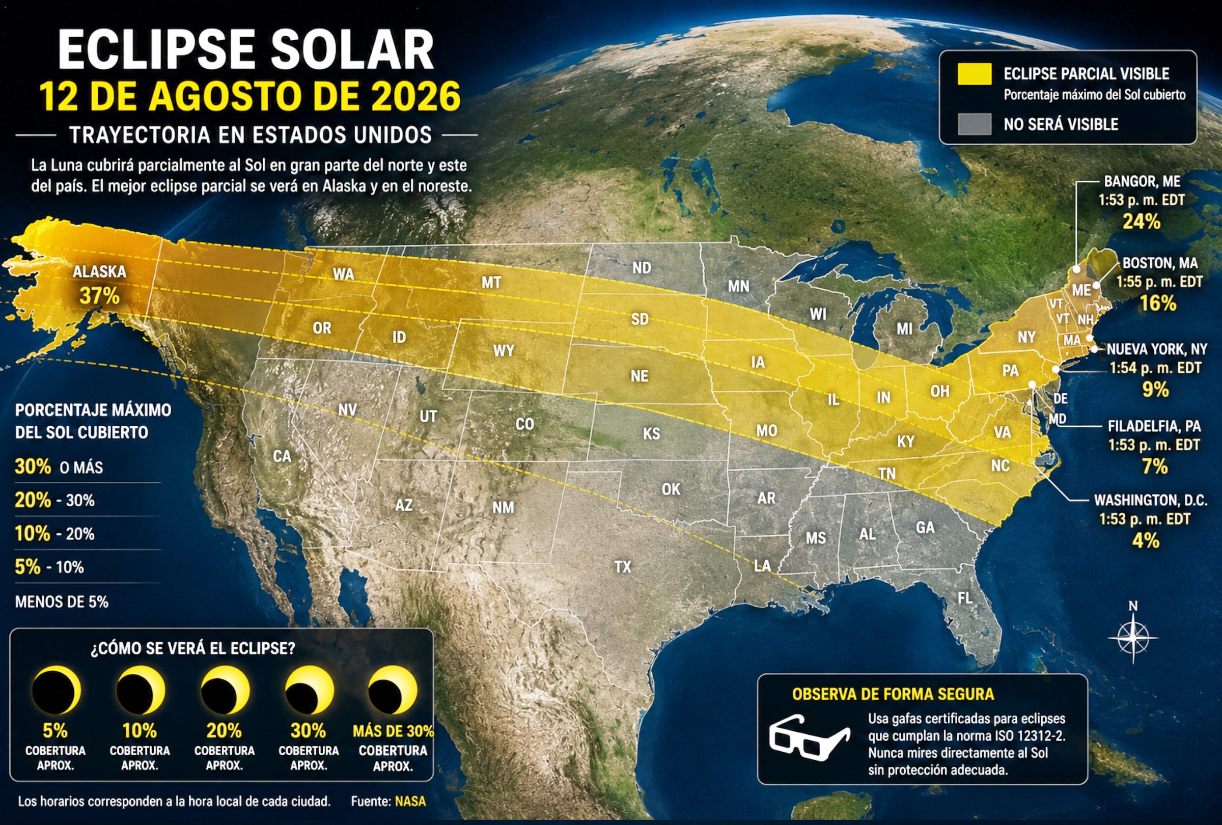 NYC, NUEVA YORK (ESTADOS UNIDOS), 12/08/2026.- ¿Dónde se verá el eclipse solar en Estados Unidos? Revisa el mapa de la trayectoria, los estados donde será visible y las ciudades que tendrán mayor cobertura el 12 de agosto. FOTO DE NOÉ YACTAYO