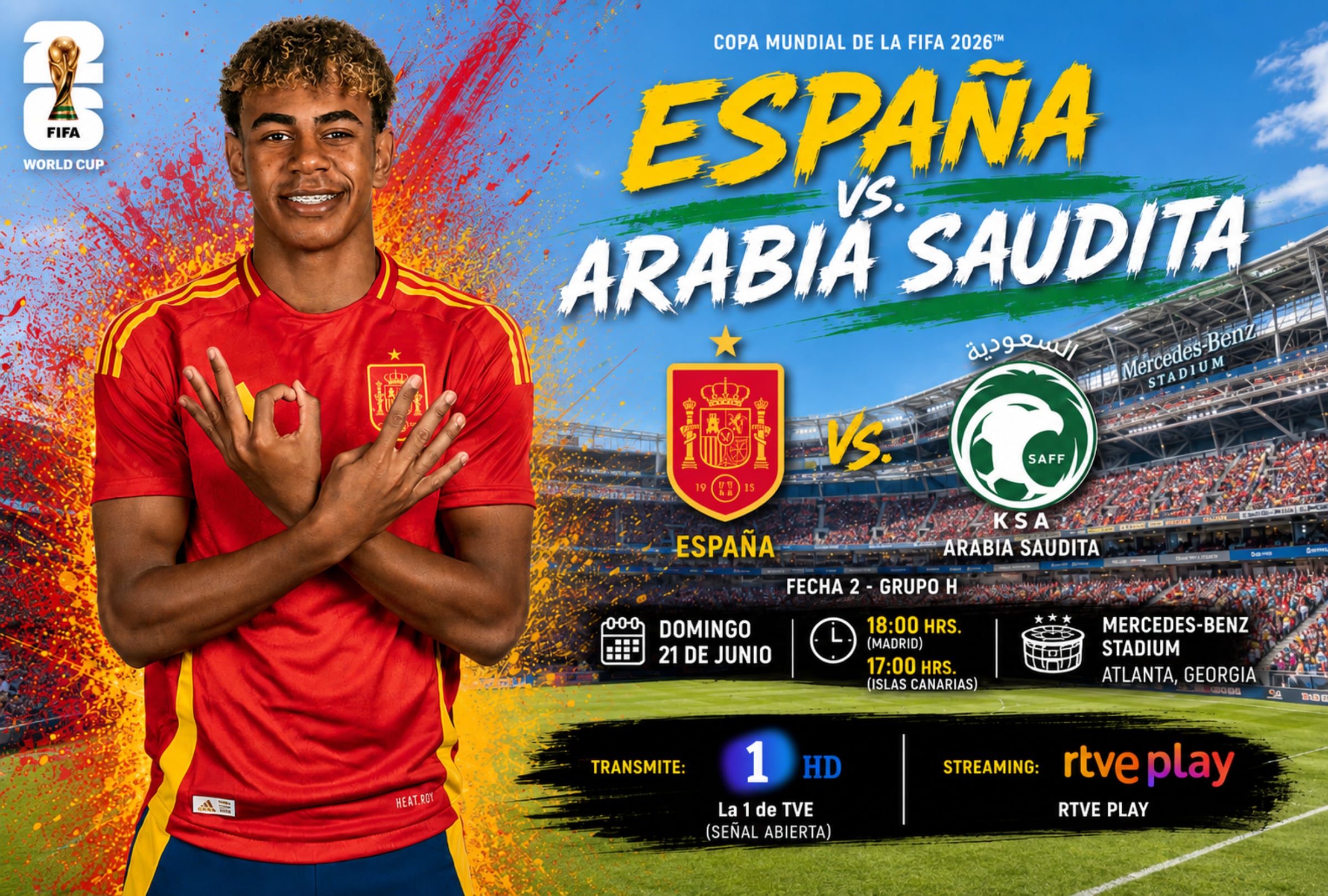 KANSAS, MISURI (ESTADOS UNIDOS), 21/06/2026.- Cobertura oficial de RTVE Play y Canal La 1 HD Mundial EN DIRECTO ONLINE para ver el partido España vs. Arabia Saudita este domingo 21 de junio por la segunda fecha del grupo H del Mundial 2026 en el Mercedes-Benz Stadium de Kansas, Misuri. FOTO DE NOÉ YACTAYO