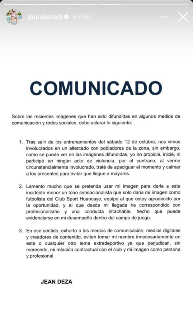 Jean Deza se pronunció por pelea que protagonizó en Huancayo. (Foto: Instagram)