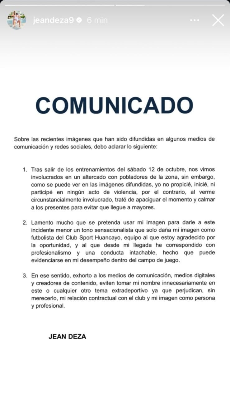 Jean Deza se pronunció por pelea que protagonizó en Huancayo. (Foto: Instagram)