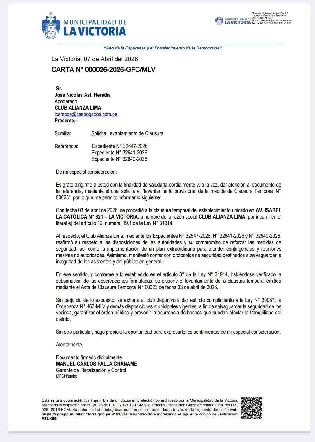 La Municipalidad de La Victoria informó el levantamiento de la clausura del estadio de Alianza Lima. (Imagen: Municipalidad de La Victoria)