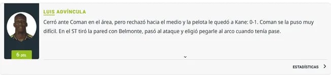 El puntaje de diario Olé para Luis Advíncula en el partido contra Bayern Munich.