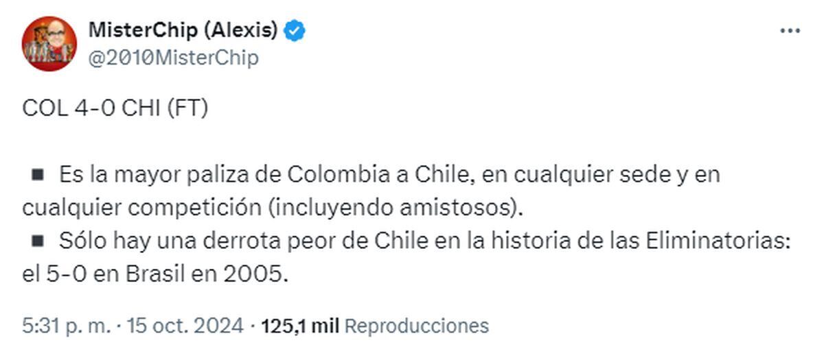La estadística de Mister Chip luego de la goleada de Colombia a la Chile de Gareca por las Eliminatorias 2026. (X)