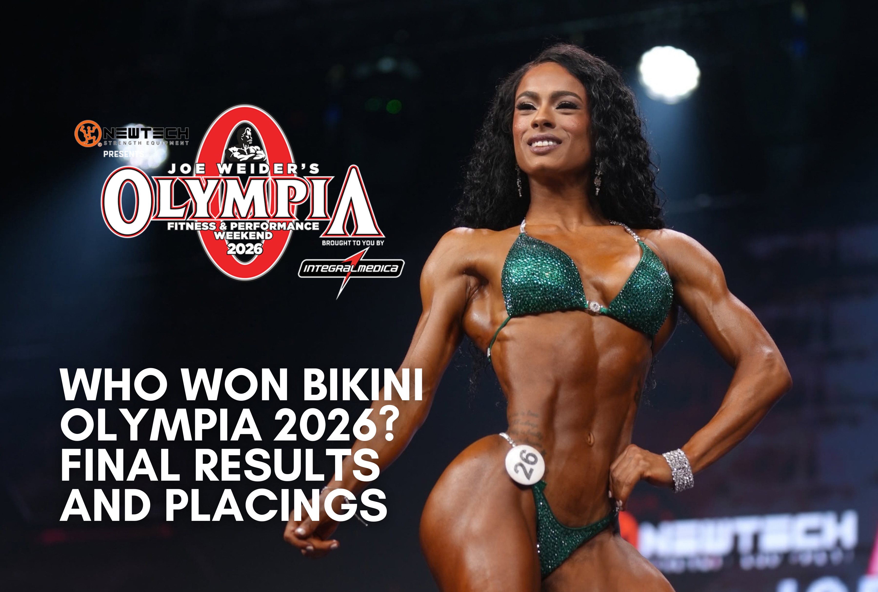 The 2026 Bikini Olympia winner posing on stage during the final callouts in Las Vegas. Review the full standings, top five placings, and official results from this year's competition. | Photo by Mr. Olympia LLC / Facebook / Depor