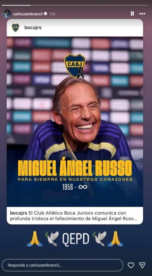 El mensaje de Carlos Zambrano tras el fallecimiento de Miguel Ángel Russo. (Imagen: Captura de Instagram)