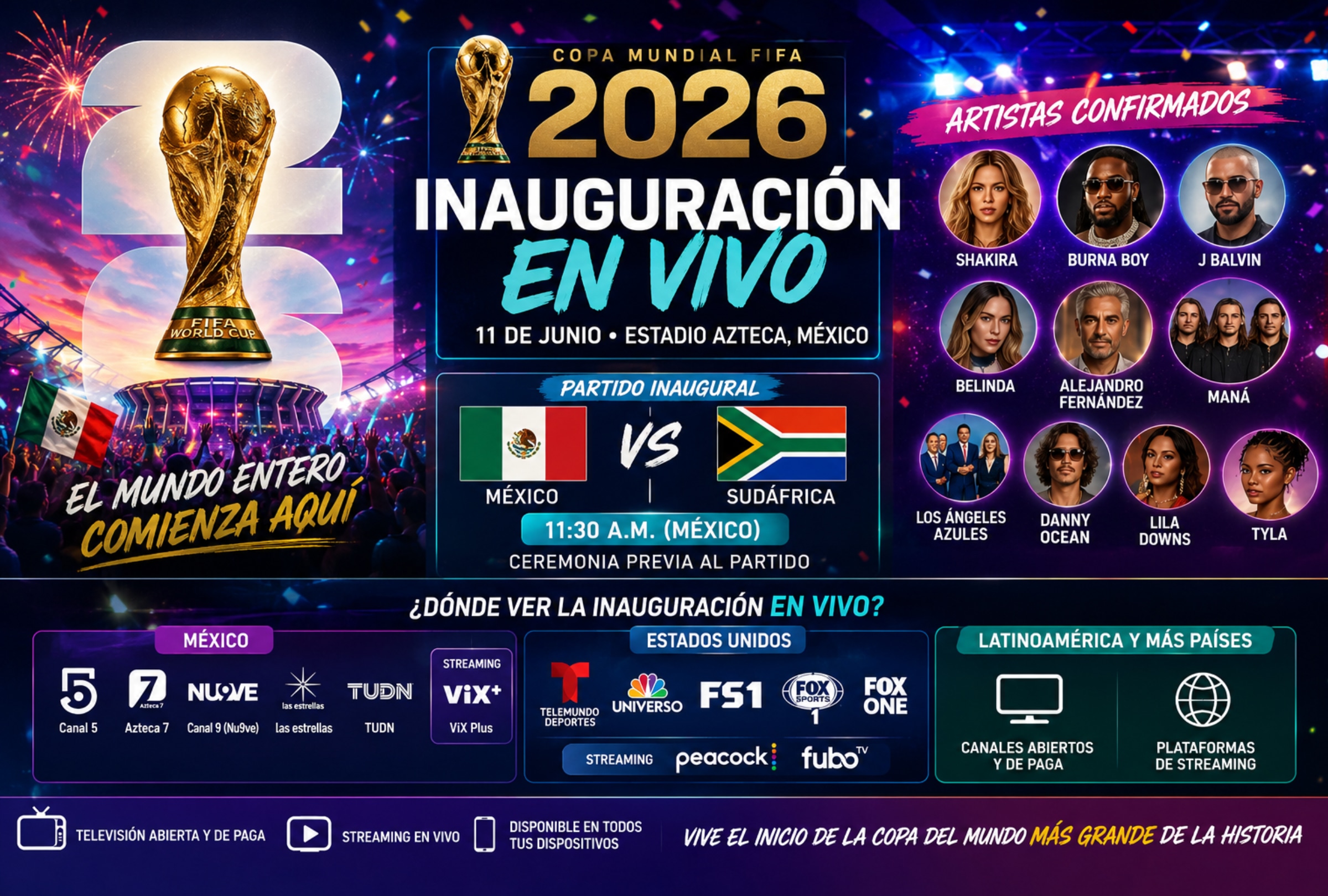 CIUDAD DE MÉXICO (MÉXICO), 11/06/2026.- Lista de canales de televisión y servicios streaming para ver la ceremonia de inauguración del Mundial de Fútbol 2026, este jueves 11 de junio, desde el Estadio Azteca de la Ciudad de México. FOTO DE NOÉ YACTAYO CREADA CON IA DE CHATGPT PARA MAG DE EL COMERCIO