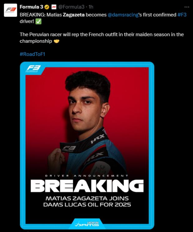 Matías Zagazeta continuará compitiendo en la Fórmula 3. (Foto: F3)