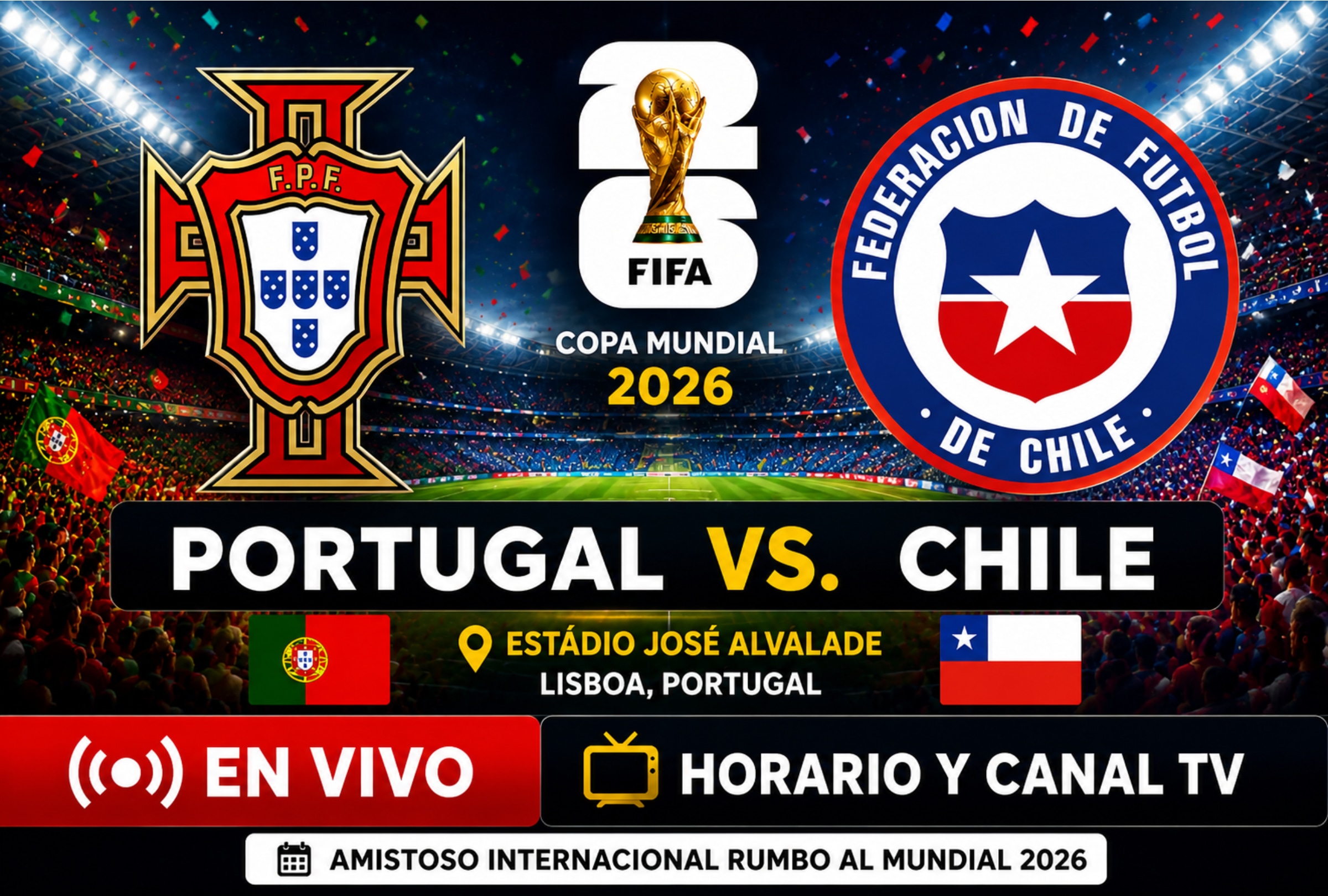 LISBOA (PORTUGAL), 06/06/2026.- Lista de horarios y canales de televisión de diferentes países del mundo para ver el partido entre Portugal y Chile este sábado 6 de junio por amistoso previo al Mundial 2026 desde el Estadio José Alvalade de Lisboa, Portugal. FOTO DE NOÉ YACTAYO GENERADA CON CHATGPT PARA DEPOR.COM