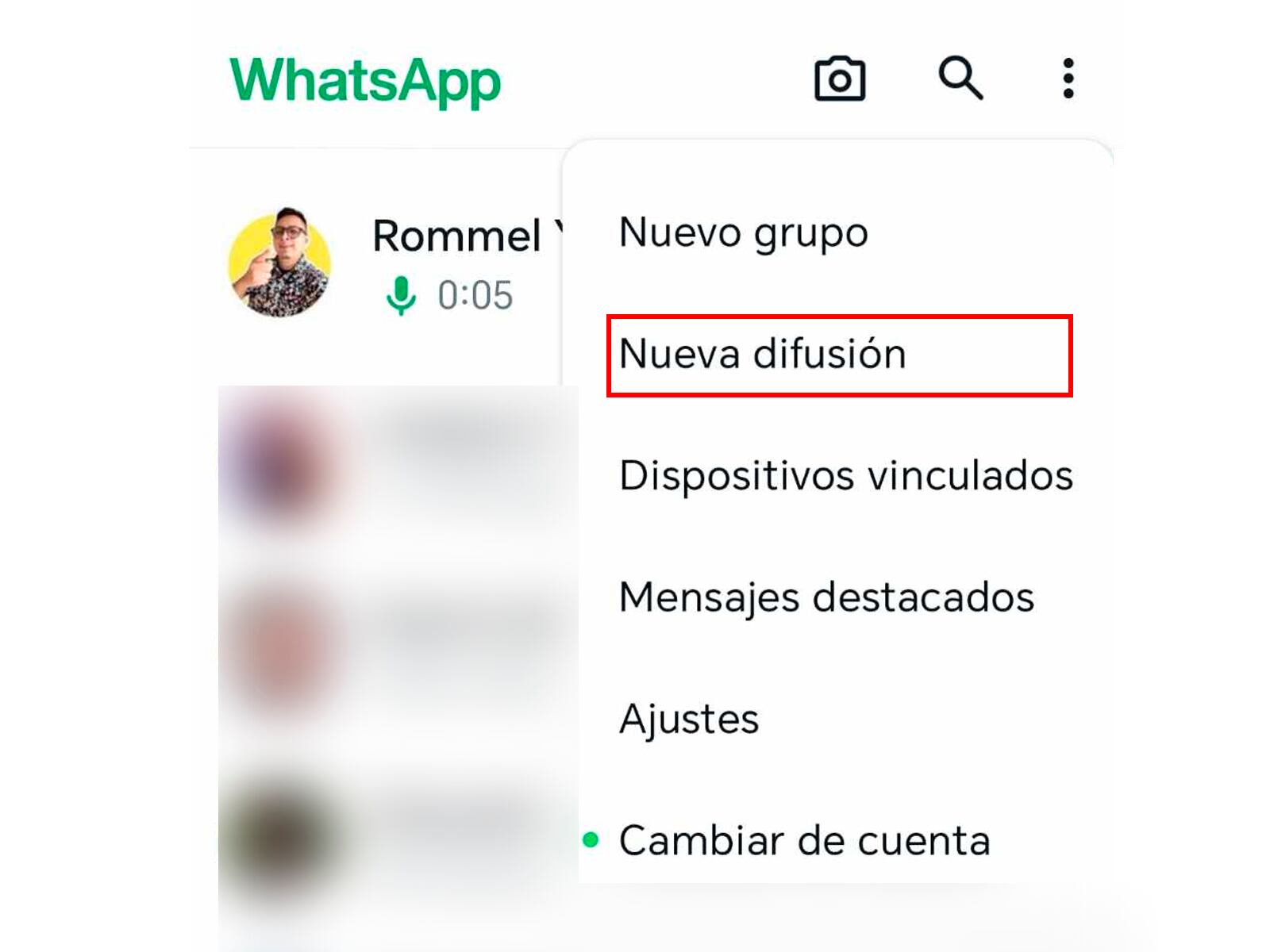 WHATSAPP | Para un mensaje a varias personas en WhatsApp solo anda a los tres puntitos de la esquina superior y presiona sobre "Nueva difusión". (Foto: MAG - Rommel Yupanqui)