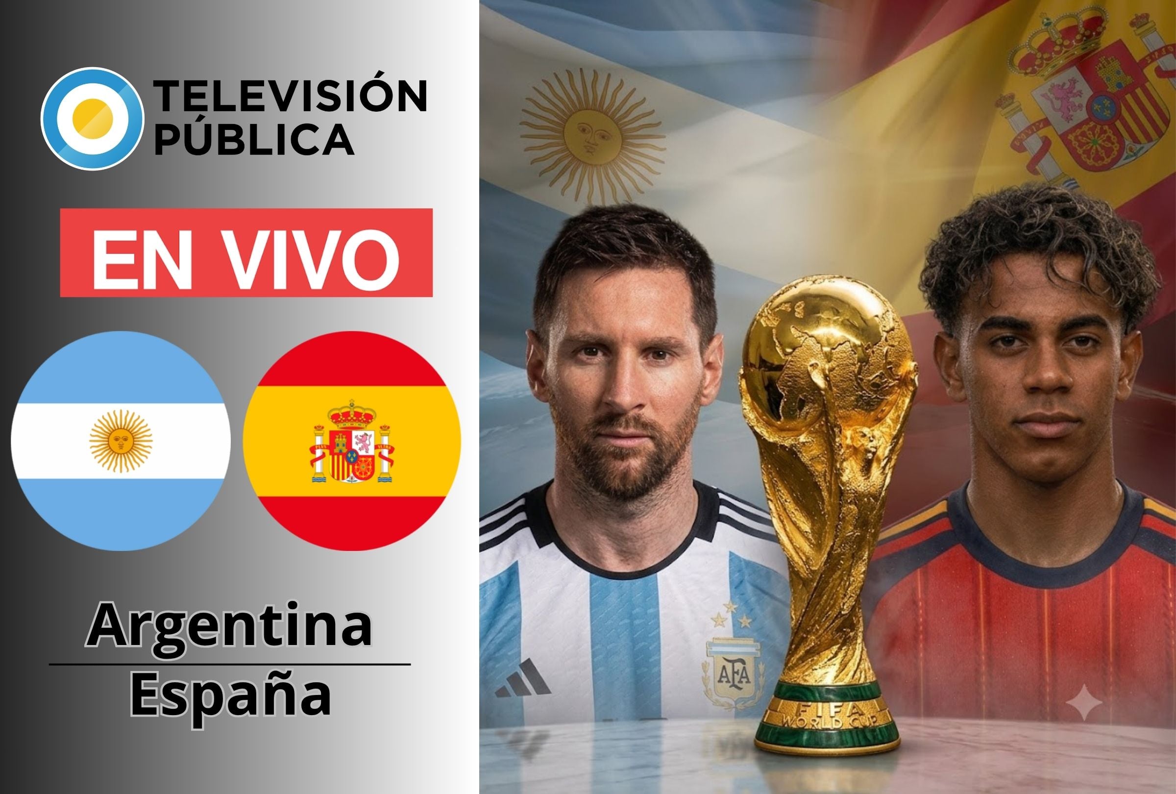 TV Pública (Canal 7) transmite la final entre Argentina vs. España EN VIVO y EN DIRECTO HOY por la final este 19 de julio por la Copa Mundial 2026. (Foto: Composición Mag)