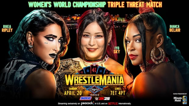 En un sorprendente giro de los acontecimientos, el Campeonato Mundial Femenino se decidirá en una épica Triple Threat Match cuando IYO SKY defienda su título contra Bianca Belair y Rhea Ripley en WrestleMania. | Crédito: WWE