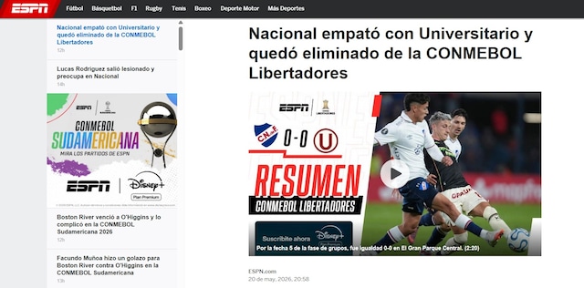 La reacción de la prensa uruguaya al empate entre Universitario vs. Nacional por la Copa Libertadores 2026. (Imagen: Captura)