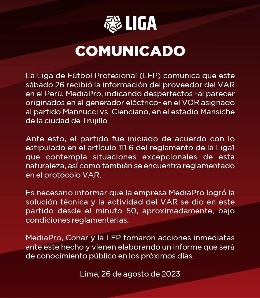 El comunicado de la Liga 1 Betsson. (Foto: Liga 1 Betsson)