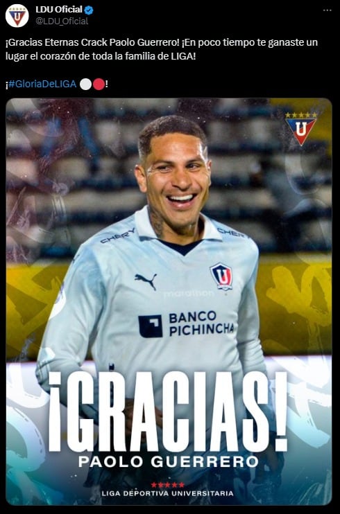 Publicación de Liga de Quito anunciando la salida de Paolo Guerrero. (Foto: X).