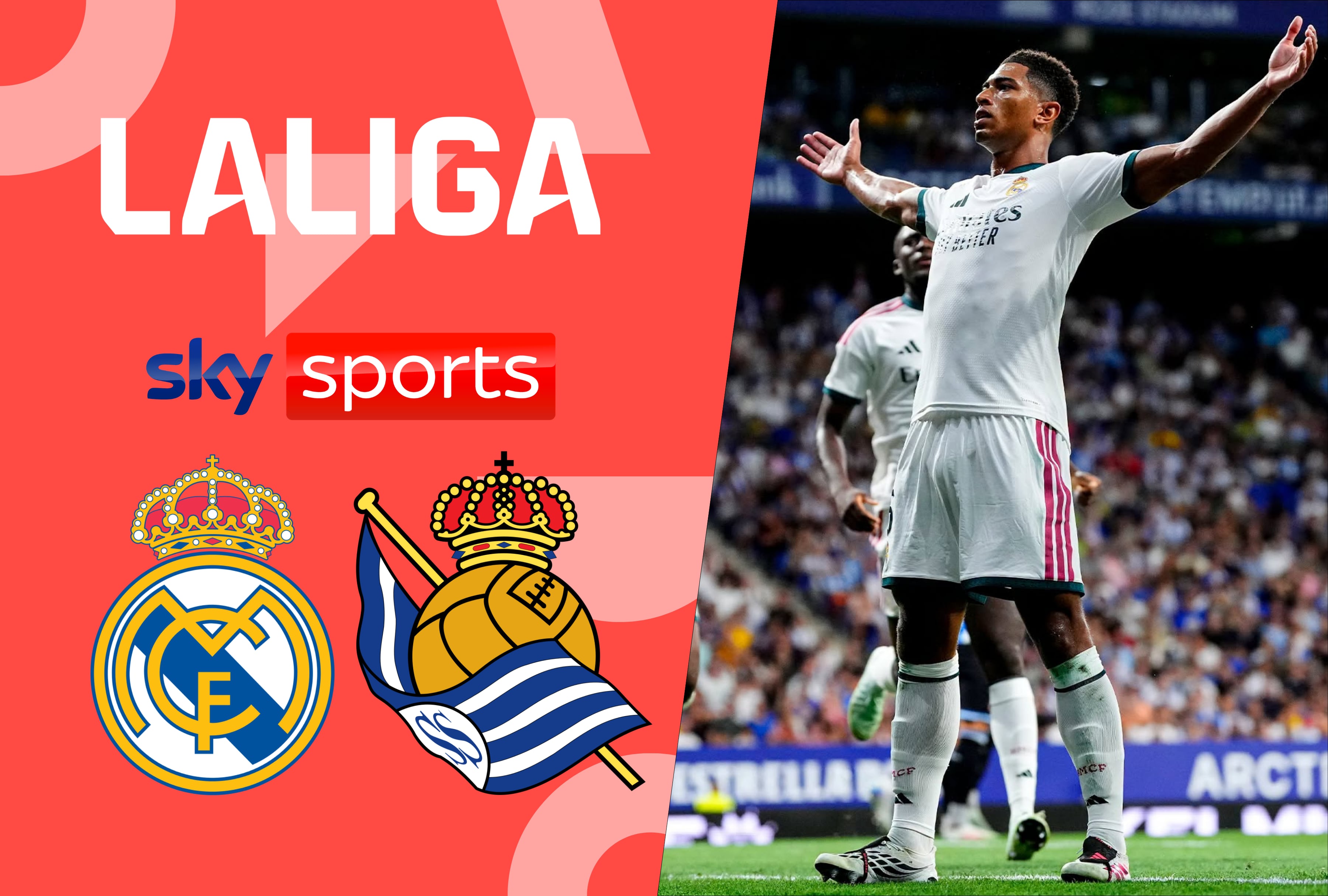 Jugadores de Real Madrid y Real Sociedad durante el partido de LaLiga, disponible en vivo para México a través de la señal de SKY Sports y la plataforma SKY Plus. | Crédito: Real Madrid C.F. / Facebook / Composición Mag