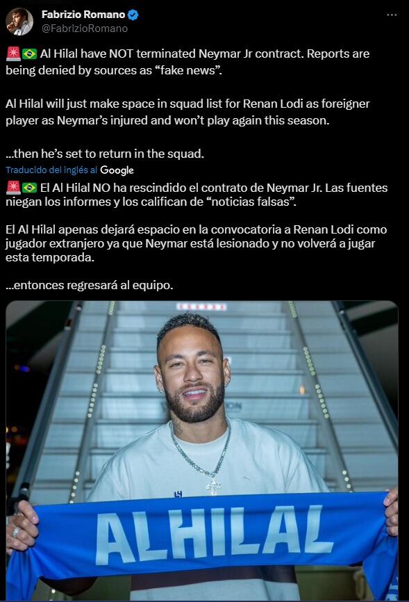 Fabrizio Romano desmiente la salida de Neymar del club árabe. (Foto: X).