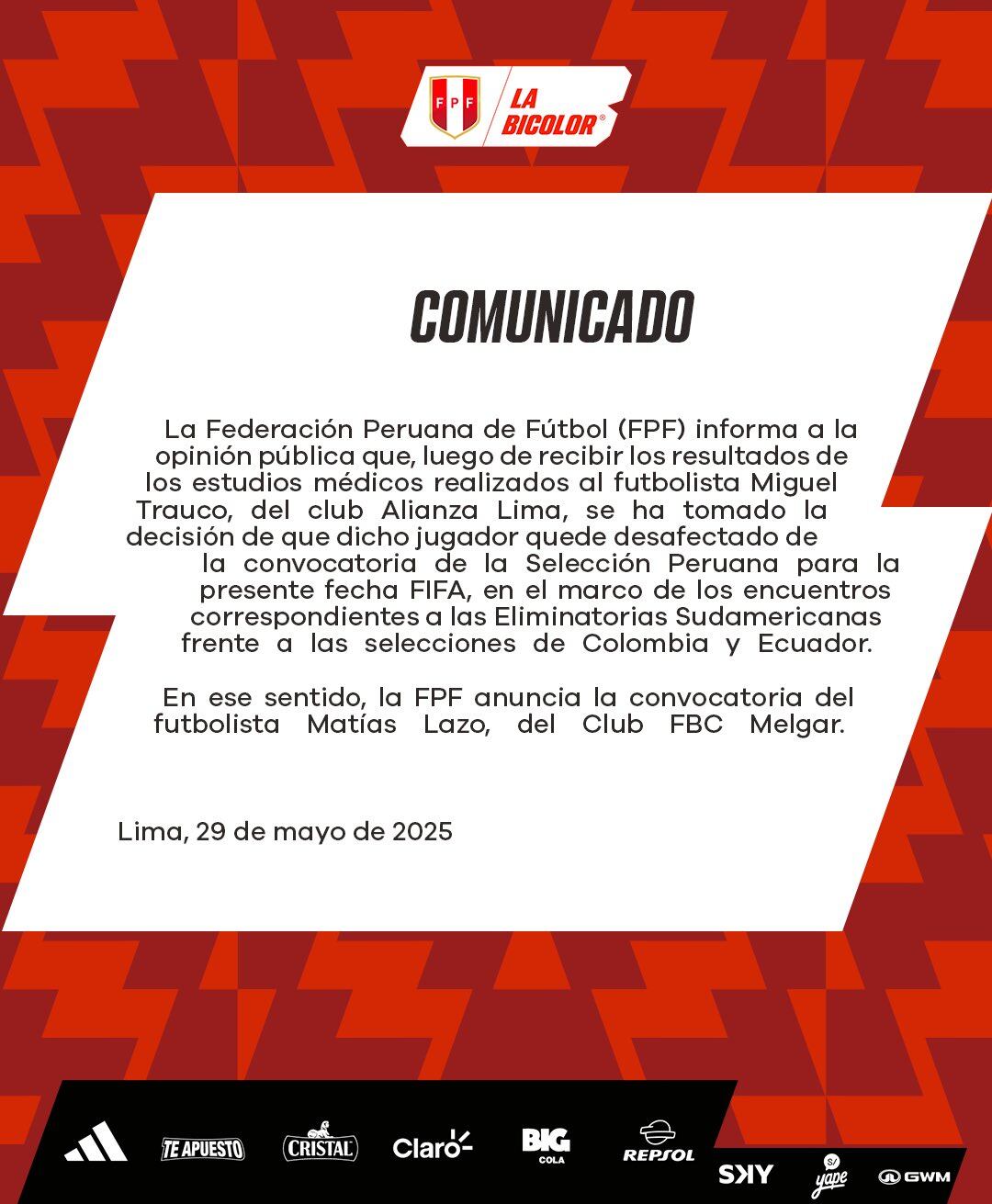 Comunicado de la Selección Peruana anunciando la convocatoria de Matías Lazo. (Foto: La Bicolor)