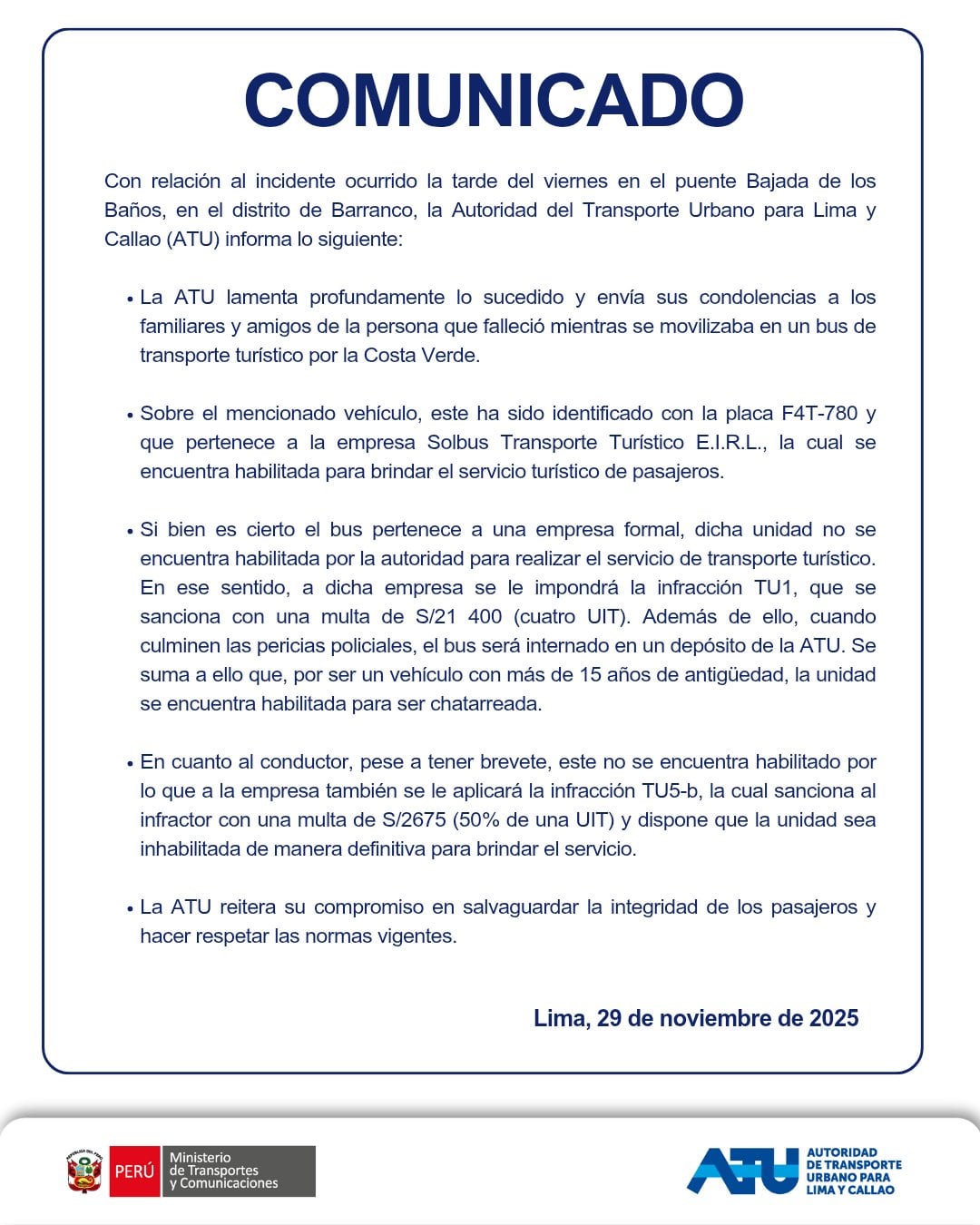 Comunicado oficial de la ATU | Foto: ATU