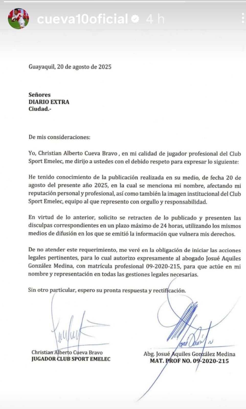 Christian Cueva emitió un comunicado oficial en su cuenta de Instagram. (Imagen: Captura)