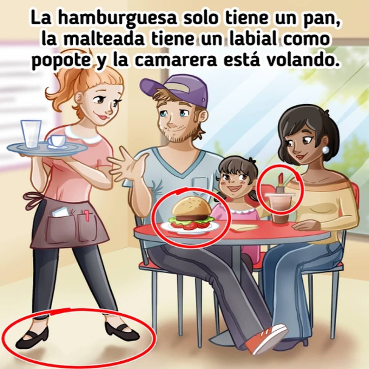 RETO VIRAL | En esta imagen, que muestra cómo una camarera atiende a una familia, se indica cuáles son los errores. (Foto: genial.guru)