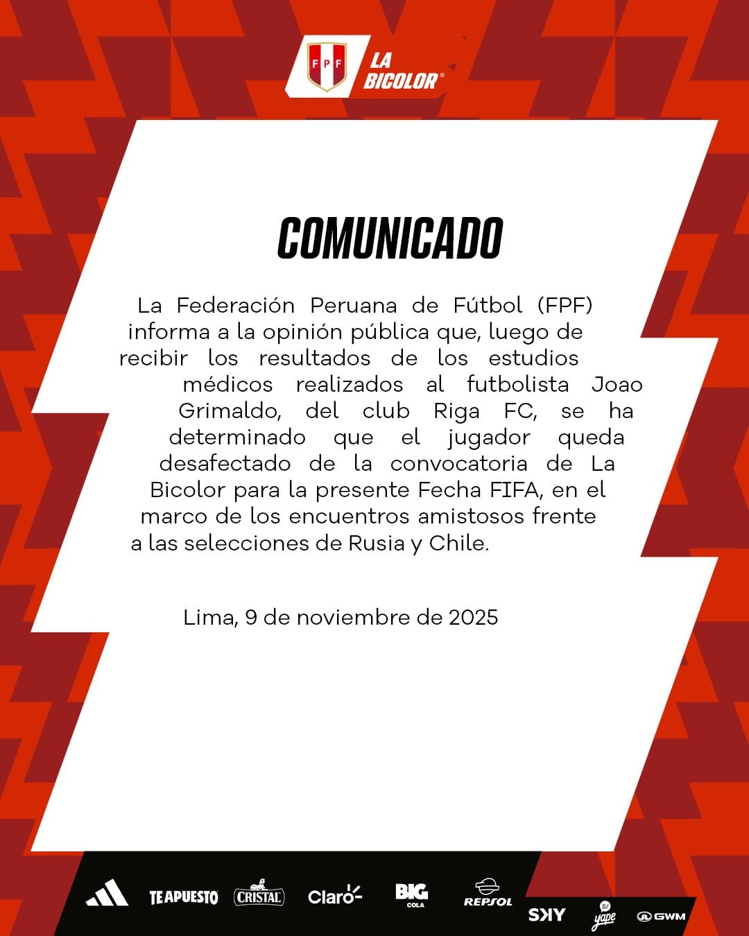 Joao Grimaldo desafectado de la Selección para los amistosos FIFA | FOTO: FPF