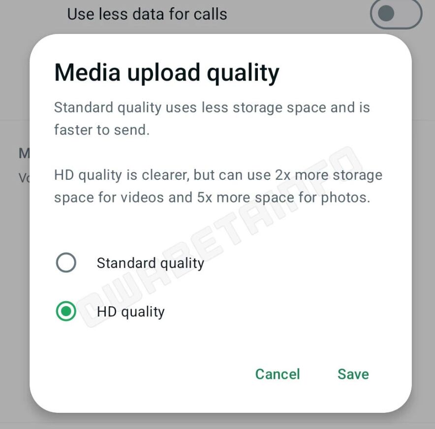 Debes seleccionar la opción "Calidad HD" para que automáticamente empieces a mandar imágenes y videos en alta definición. (Foto: WabetaInfo)