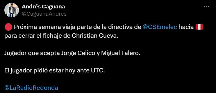 Prensa ecuatoriano informó sobre el interés formal de Emelec por Christian Cueva. (Captura X)