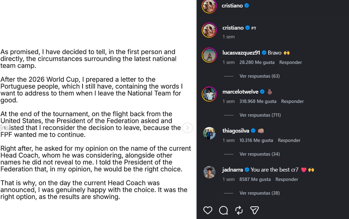 Cristiano publicó una carta disculpándose y explicando la situación de su salida de Portugal. (Foto: Captura Instagram)