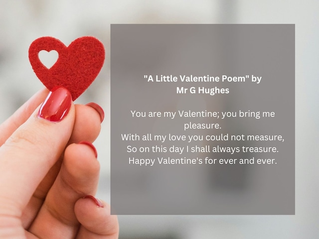 You are my Valentine; you bring me pleasure / With all my love you could not measure, / So on this day I shall always treasure. / Happy Valentine's for ever and ever. | Photo by <a href="https://unsplash.com/es/@pinadventuremap?utm_content=creditCopyText&utm_medium=referral&utm_source=unsplash">Pin Adventure Map</a> on <a href="https://unsplash.com/es/fotos/persona-sosteniendo-adorno-de-corazon-rosa-cXuYXpondrc?utm_content=creditCopyText&utm_medium=referral&utm_source=unsplash">Unsplash</a>