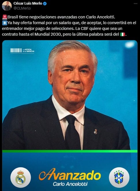 La información de Ancelotti publicada en la cuenta de 'X' del periodista César Luis Merlo.