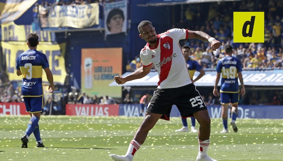 River Plate's Venezuelan forward Salomon Rondon celebrates after scoring against Boca Juniors during the Argentine Professional Football League Tournament 2023 Superclasico match at La Bombonera stadium in Buenos Aires on October 1, 2023. The final score was 2-0 in favor of the Millonario team with a last minute goal by Enzo Diaz. | Photo by Alejandro Pagni / AFP