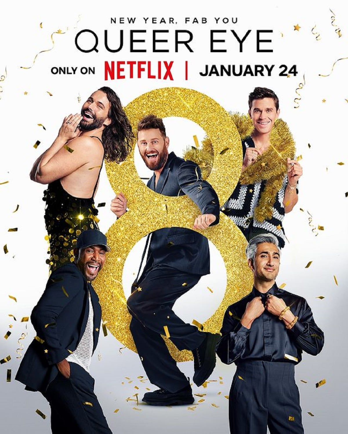 Los Fab 5, incluido Bobby Berkm en el afiche promocional de la temporada 8 del reality "Queer Eye" (Foto: Netflix)