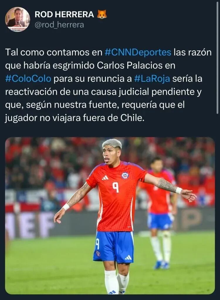 Publicación de Rodrigo Herrera sobre Carlos Palacios. (Foto: Captura de ‘X’).