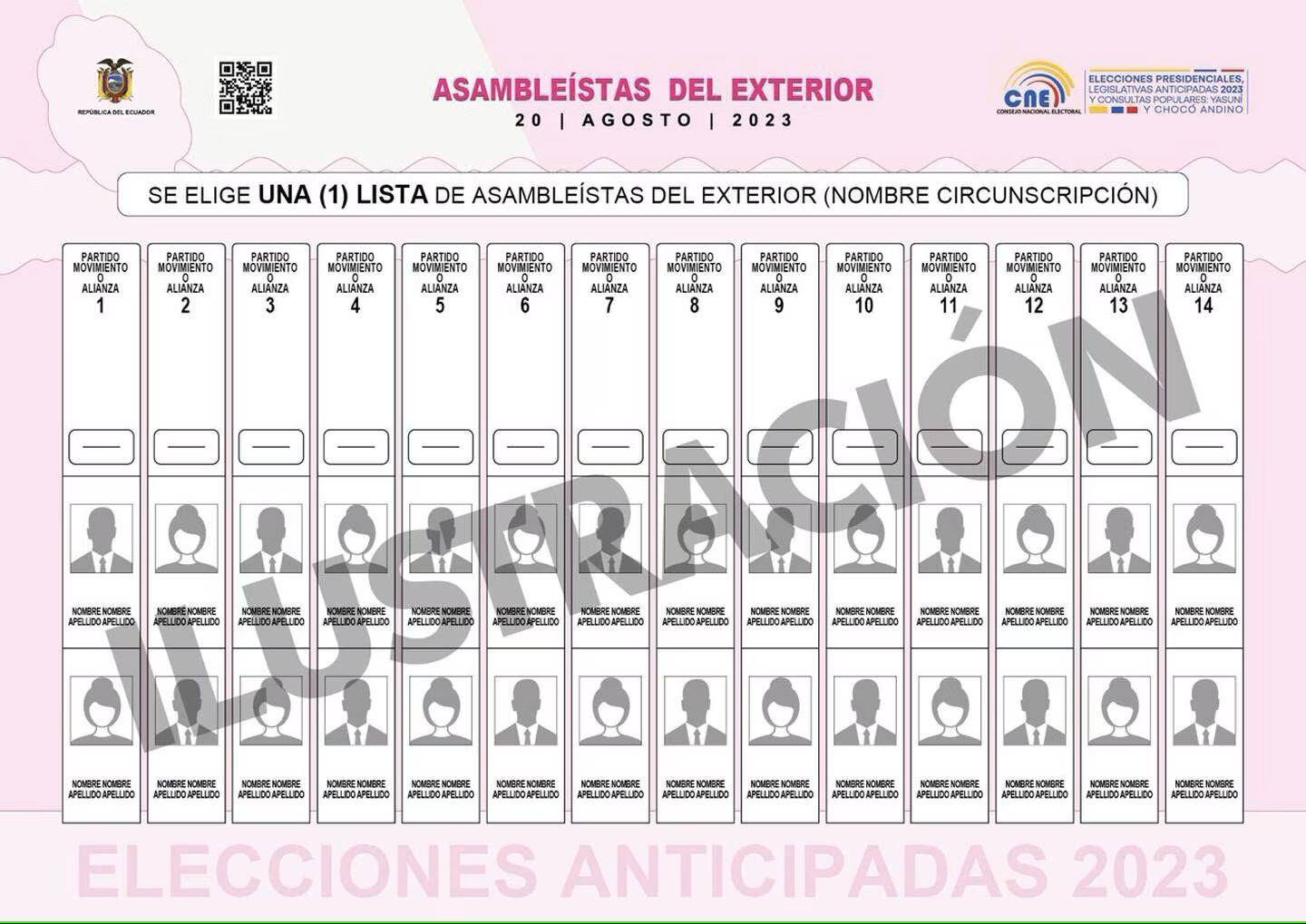 Papeleta con los asambleístas del exterior de las Elecciones generales de Ecuador, 2023. | Crédito: cne.gob.ec
