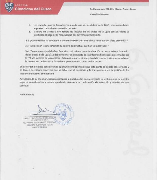 El documento de Cienciano enviado a la FPF. (Imagen: Difusión)
