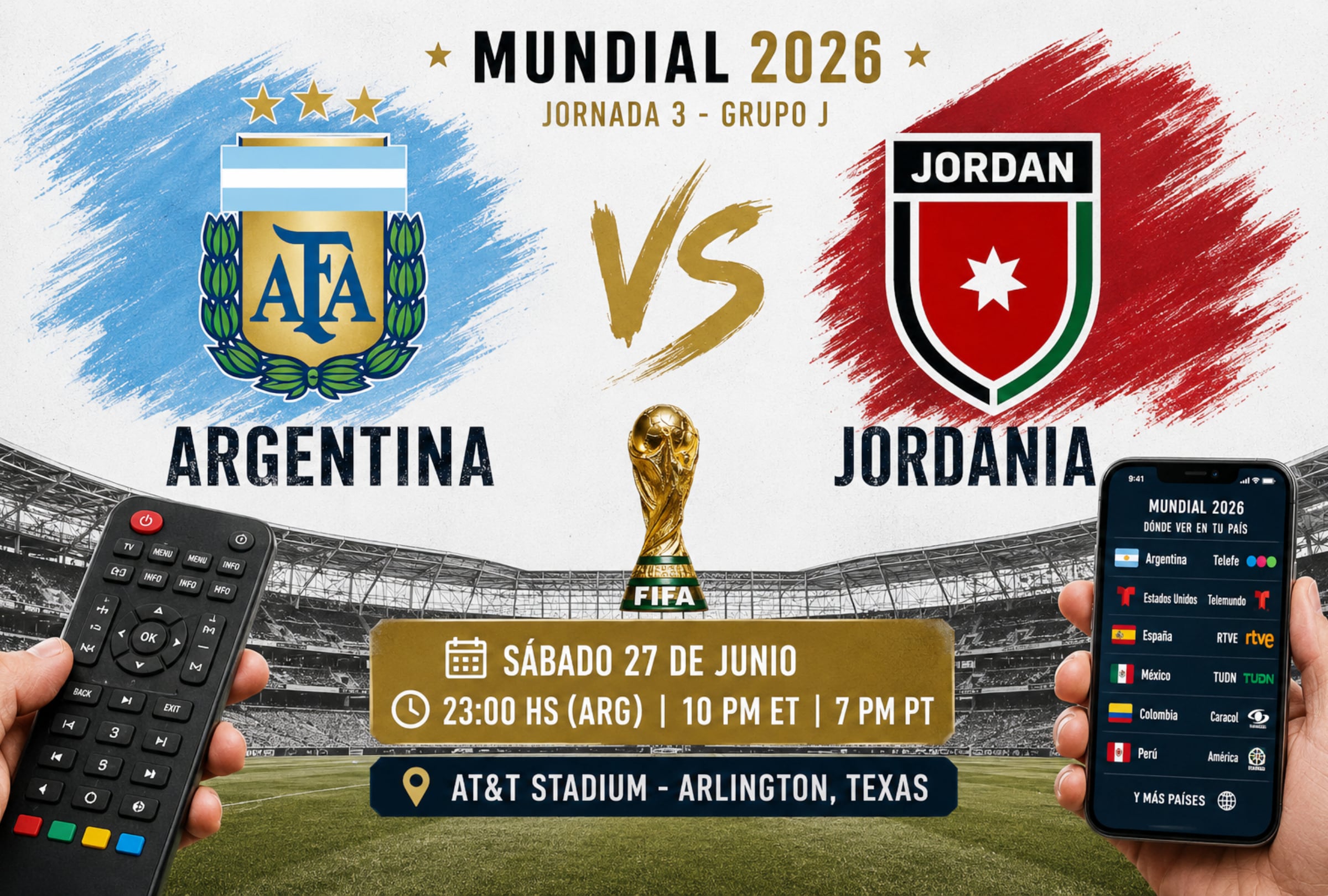 DALLAS, TEXAS (ESTADOS UNIDOS), 27/06/2026.- Lista de canales de televisión y servicios streaming para ver el partido Argentina vs. Jordania hoy por la Jornada 3 del grupo J del Mundial 2026 en el AT&T Stadium de Arlington en Dallas, Texas. FOTO DE NOÉ YACTAYO