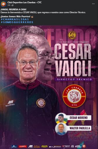 Así se anunció el regreso de César Vaioli al conjunto Andahuaylino. (Foto: Captura Facebook)