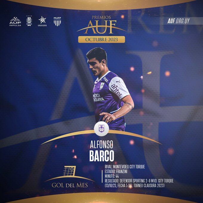 Alfonso Barco recibió el reconocimiento del Campeonato Uruguayo por su golazo con Defensor Sporting. (Imagen: AUF)