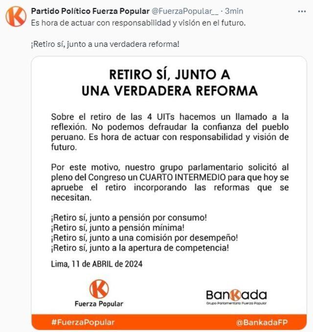 El comunicado de Fuerza Popular sobre una reforma a un sistema de pensiones. (Foto: Difusión)