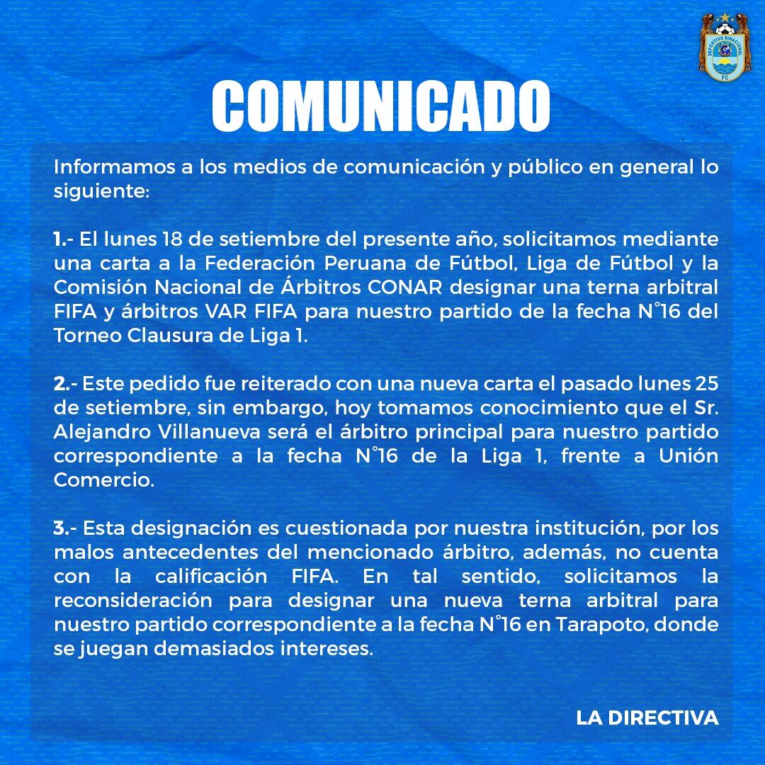 El pedido de Binacional para cambiar de terna arbitral, de cara al partido contra Unión Comercio. (Foto: Binacional)