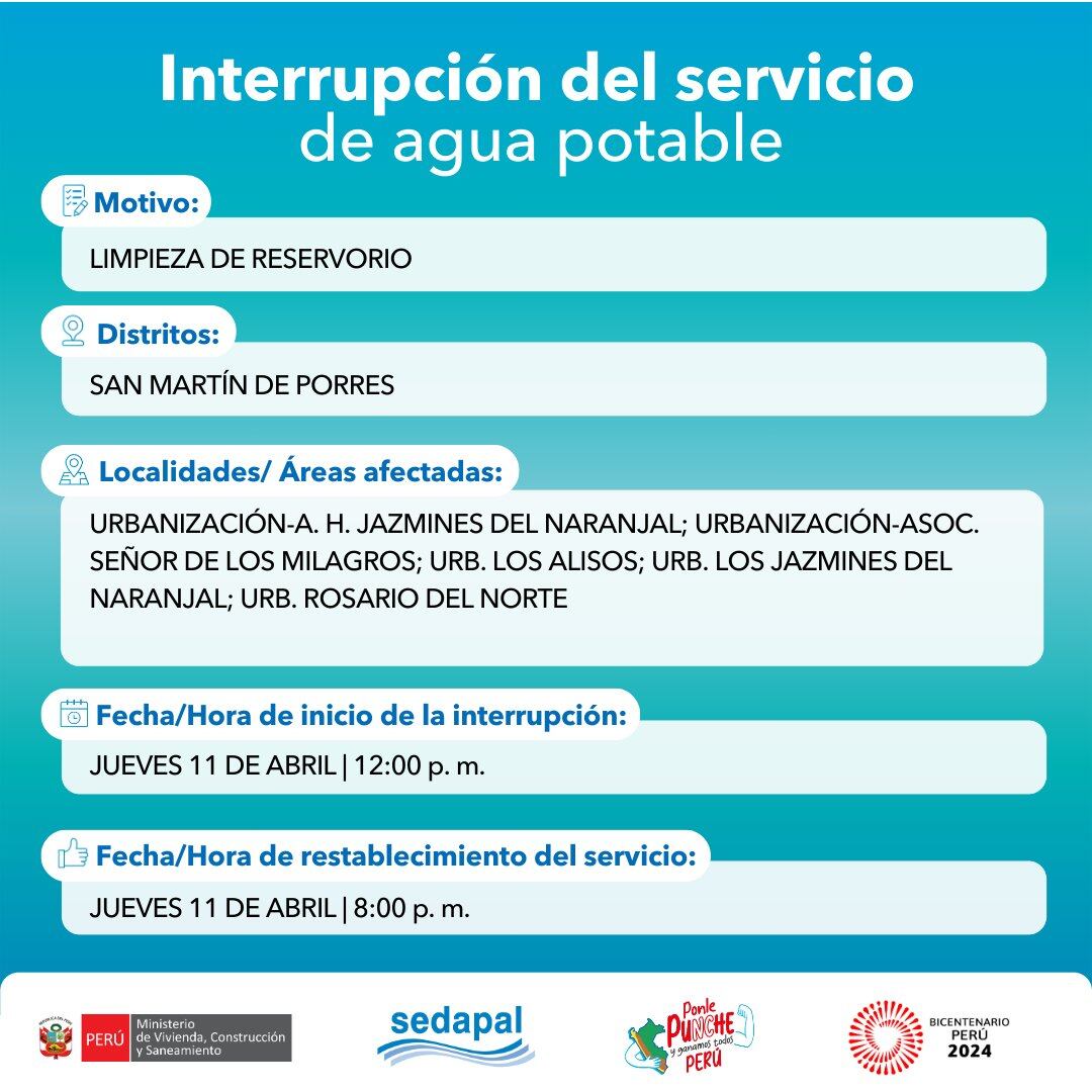 Sedapal anunció el corte de agua en algunas zonas para este 11 de abril. (Foto: Sedapal)