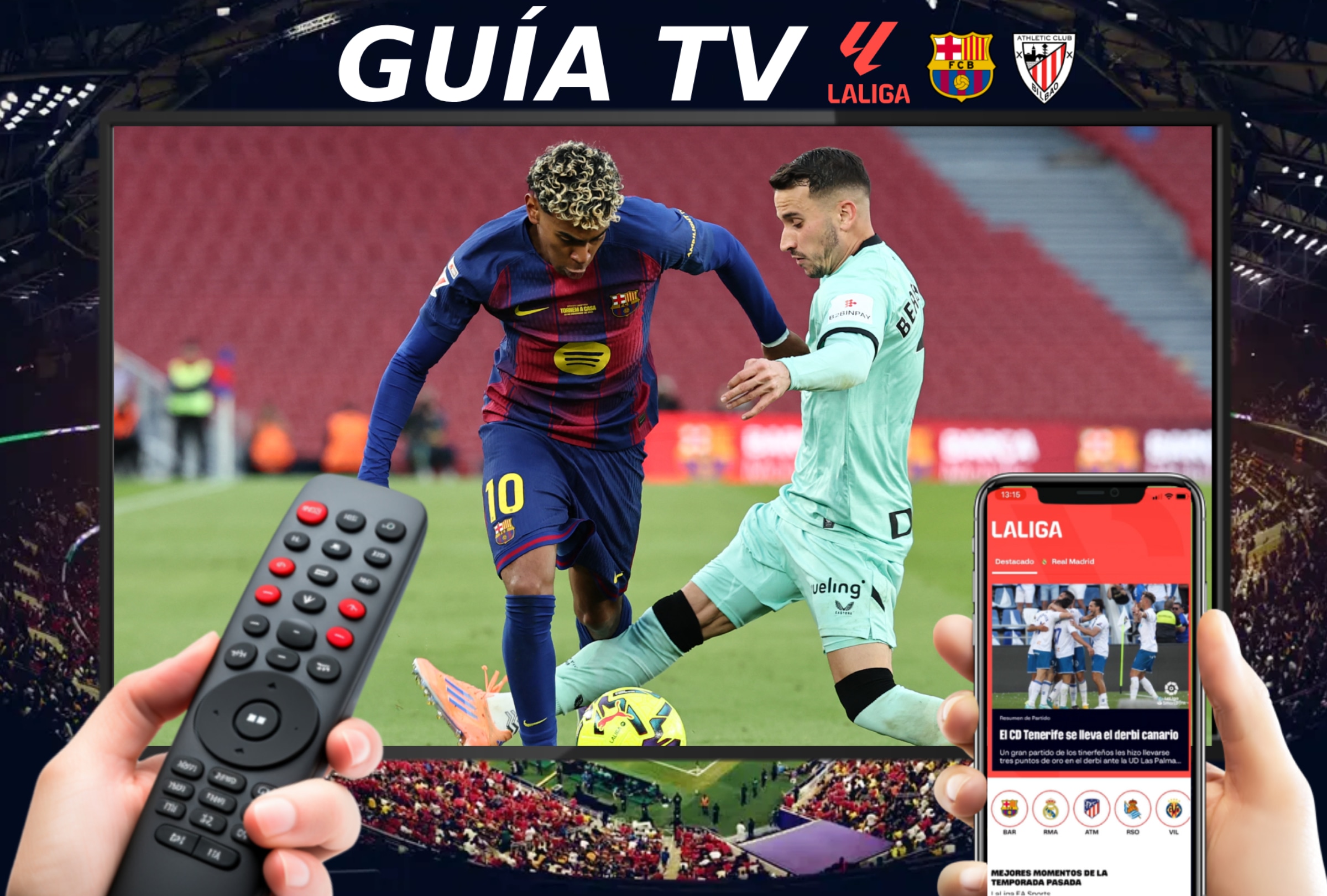 BARCELONA (ESPAÑA), 27/08/2026.- Lista de canales de televisión y servicios streaming para ver el partido FC Barcelona vs. Atlético Club EN VIVO ONLINE por LaLiga EA Sports 2026-27 en el Estadio Spotify Camp Nou de Barcelona, España. IMAGEN CREADA POR NOÉ YACTAYO CON FOTO DE JOSEP LAGO (AFP) PARA MAG DE EL COMERCIO