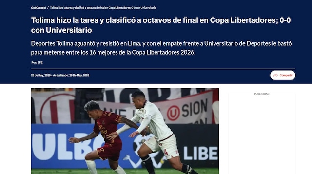 La reacción de la prensa colombiana a la clasificación de Tolima y la eliminación de Universitario. (Imagen: Captura)