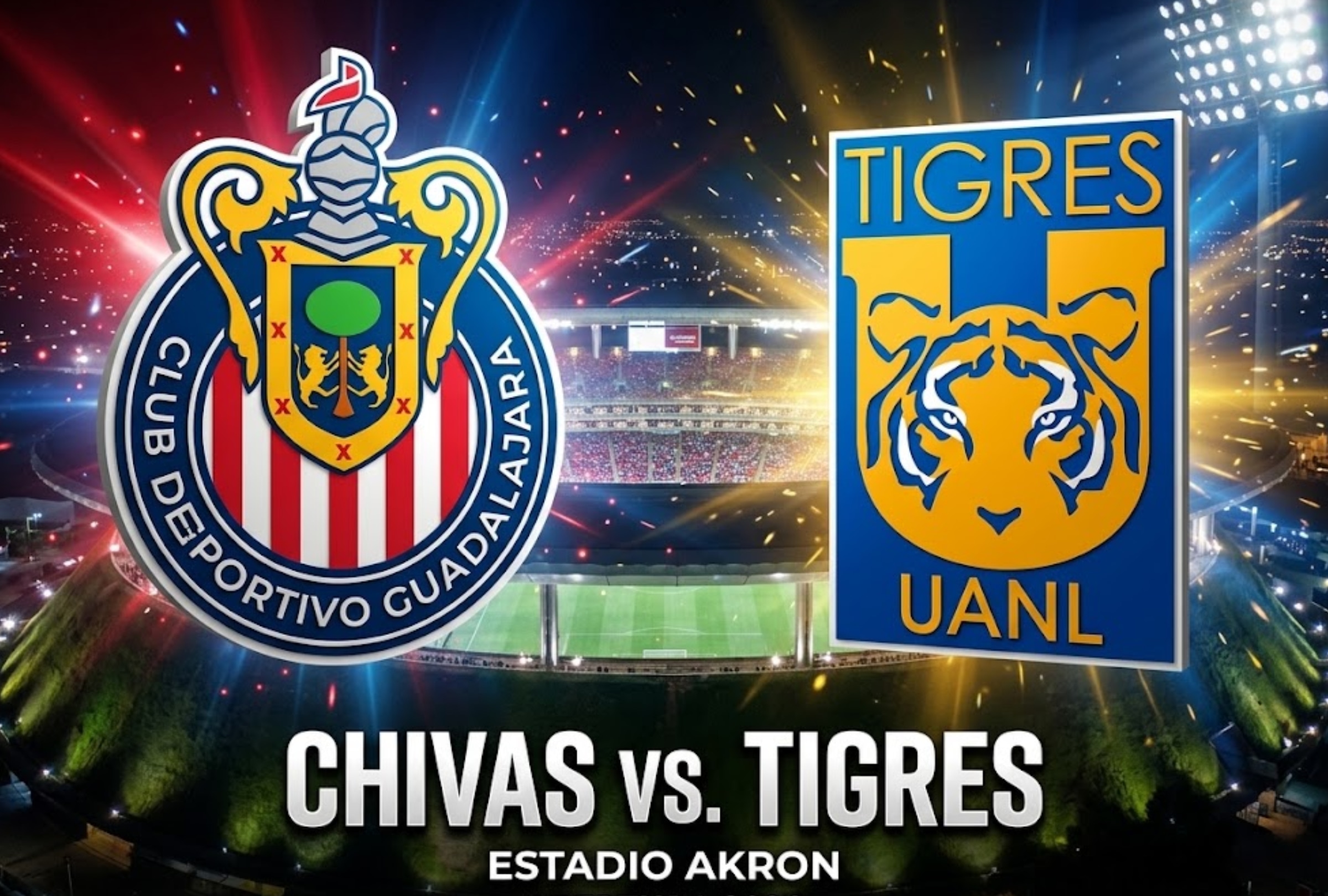 GUADALAJARA, JALISCO (MÉXICO), 17/10/2026. Chivas y Tigres juegan hoy sábado por el Apertura de la Liga MX en el Estadio Akron. Canales de TV para ver el partido. FOTO: Imagen creada por la IA de Gemini.