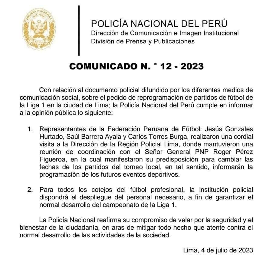 Comunicado de la Policía Nacional sobre la reprogramación de partidos de la fecha 4 y 5 del Clausura. (Foto: Difusión)