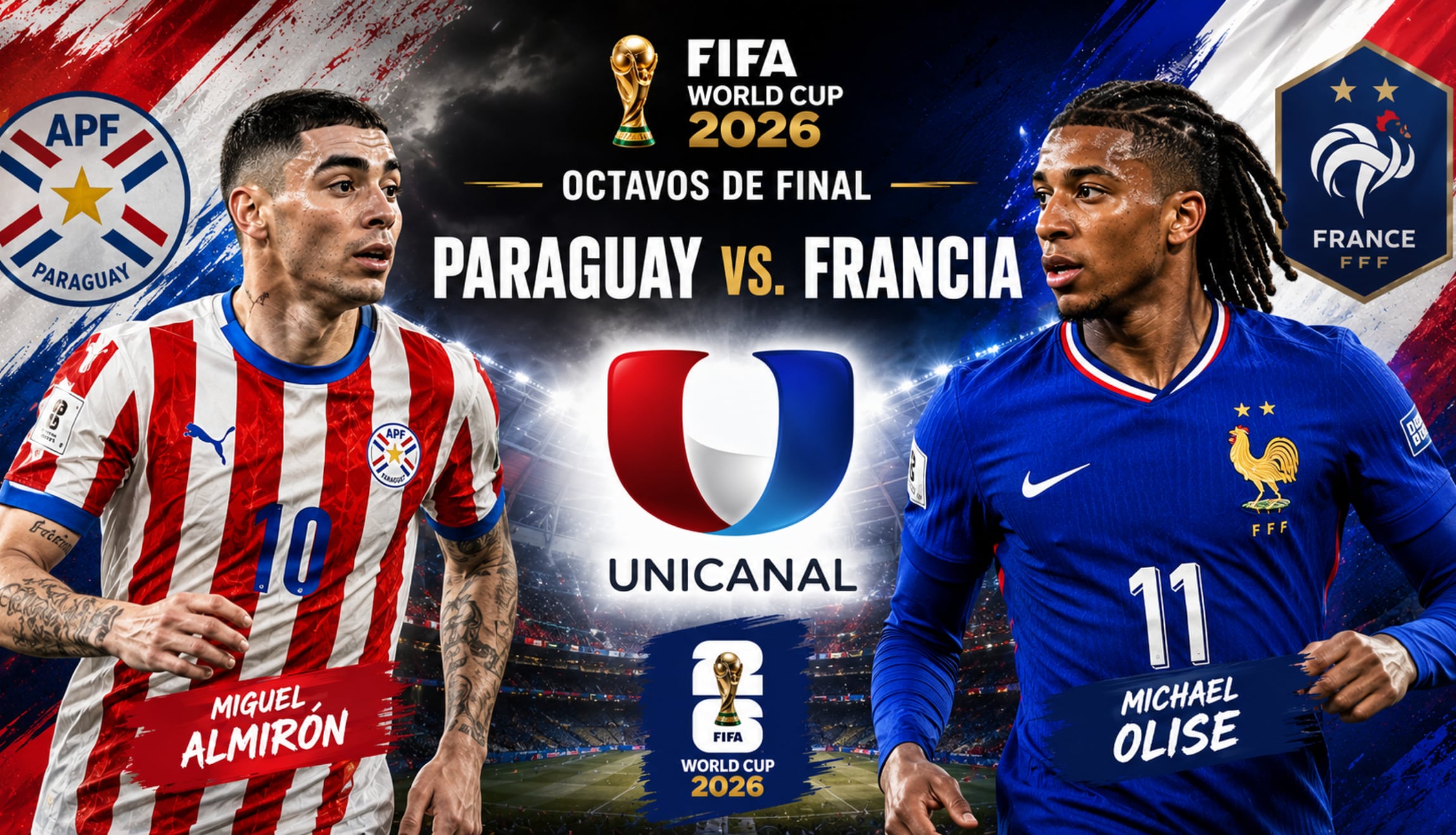 Transmisión de Unicanal vía Canal 8 para seguir el partido de Paraguay vs. Francia en vivo y en directo, este sábado 4 de julio, por los octavos de final del Mundial de Fútbol 2026. (Foto: Imagen creada por Gestión Mix utilizando la IA de Chat GPT)